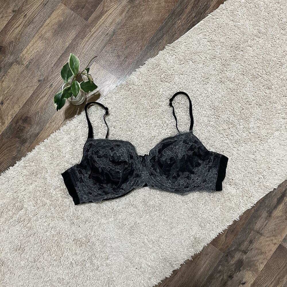 Cacique Lane Bryant Size 48D Black Gray Floral Lace Unlined Full Coverage Bra